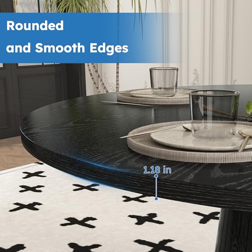Image of Modern Round Dining Table, 47 inch Black Round Kitchen Table with Wood Grain Tabletop & Fluted Strip Base, Space Saving Circle Dining Table Seats 4-6, Ideal for Dining Room, Living Room, Small Space
