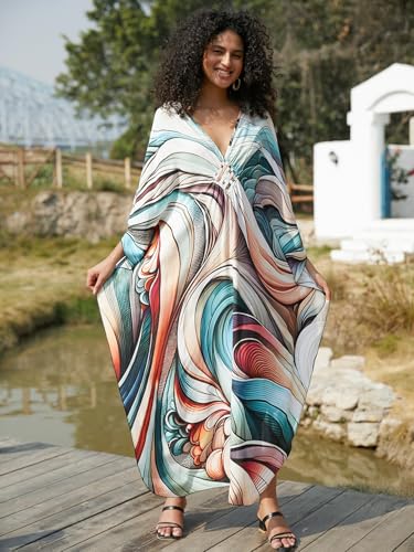 Image of IMAGEKOPE Women's Plus Size Animal Print V-Neck Batwing Kaftan Beach Dress Bathing Suit Cover-Up Loungewear