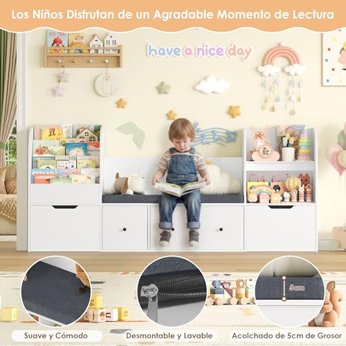 FOREHILL Mueble Almacenaje Juguetes Librería Infantil Montessori Estantería Infantil para Jugetes de 4 Niveles, con Cojín de Asiento, 2 Cajones para Dormitorios Guardería, Blanco 180.5x35.2x80cm - imagen 6