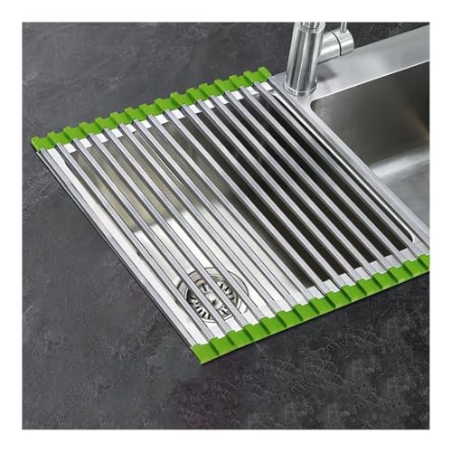 Escurreplatos Enrollable sobre el Fregadero, 32-60 cm, Multiusos, Plegable, for encimera de Cocina, Accesorios for caravanas, remolques de Viaje(Green,L 45cm/17.7in)