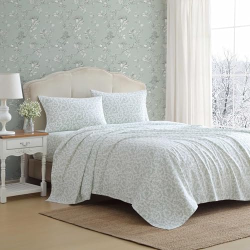 Image of Laura Ashley - Flannel Sheets Queen Size, Anti-Pilling & Wrinkle Resistant Cotton, Touchably Soft for All-Season Comfort - Bed Sheets with Matching Pillowcases & Fitted Sheet (Brinna Green)