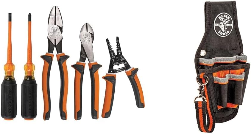 Klein Tools 94130 1000V Insulated Screwdriver Tool Set with #2 Phillips and 1/4-Inch Cabinet & 5240 Tool Pouch, Tradesman Pro Maintenance Tool Pouch with 9 Pockets, Tape Thong