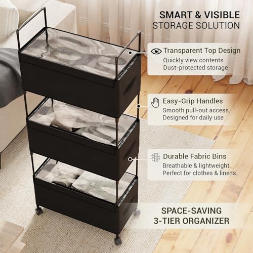 Image of Lukzer 3-Tier Clothes Organizer Basket with Wheels | Black Fabric Closet Storage Rack for Folded Clothes | Metal Rolling Wardrobe Shelf for Bedroom Closet & Laundry Room | 28x57x136 cm