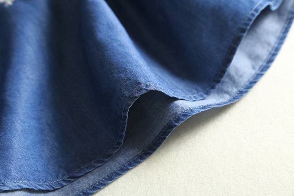 Bluse Damen, Damen Jeanshemd Mit 3/4 Ärmeln Vintage Dunkelblau Blumenstickerei Rundhalspullover Hemden Oberteile Lässig Locker Gewaschen Blusen Elegante Tunika-Oberteile Für Damen Mädchen