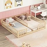 Bellemave Double Floor Bed for Twins,Two Shared Beds,Twin Size Floor Bed for 2 Kids,Double Twin Bed with Guardrails for Girls,Boys,Natural