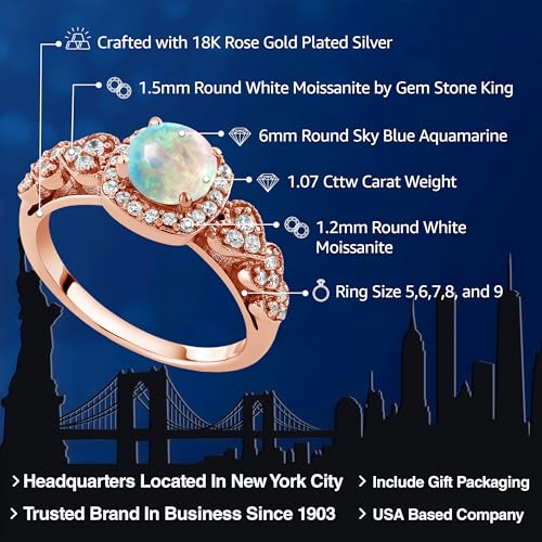 Gem Stone King 18K Rose Gold Plated Silver Gemstone Birthstone Engagement Ring For Women | 6MM Round Cut | Wedding Anniversary Promise Ring | Available In Size 5, 6, 7, 8, 92