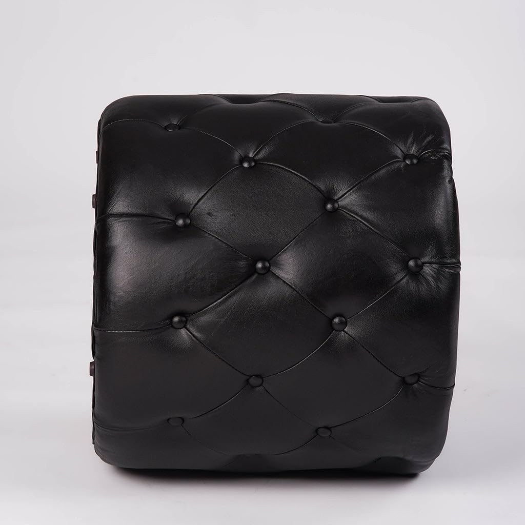 Rugsotic Carpets Round Shaped Wood & Leather Handmade Eco-Friendly Black Ottoman - Round Shape Ottoman, 22.5"x22.5"x21", Plain Solid Ottoman, Wood & Leather Ottoman, Leather Seating Ottoman AH07
