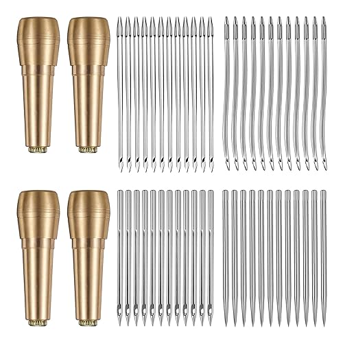 HSOKEW Leather Sewing Awl Kit, 52 Pcs Straight and Curved Crochet Needle With Copper Handle Hand Stitcher for Handmade Shoes Canvas Repairing