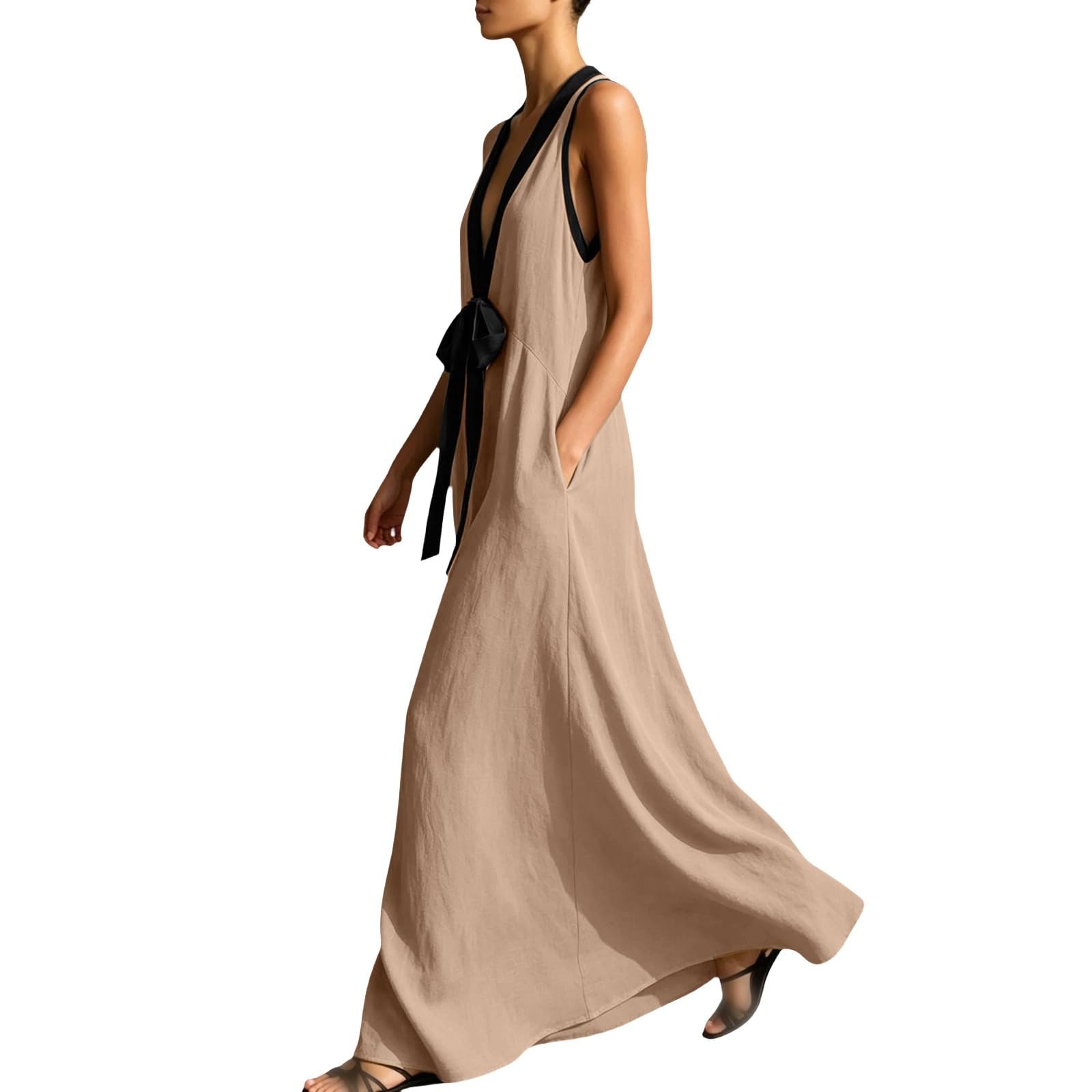 Robe d'été légère pour femme - Robe longue en mousseline - Dos nu - Robe tunique avec nœud - Élégante - Couleur unie - Épaules dénudées - Avec poches - Col en V - Robe de vacances et plage