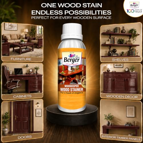 Image of Berger Wood Keeper Mahogany Wood Stain with Leakproof Bottle & Easy Cloth Application Transparent Solvent-Based Stainer for Home Office Furniture Surfaces Shine and Finish (Pack of 1, 500ml)