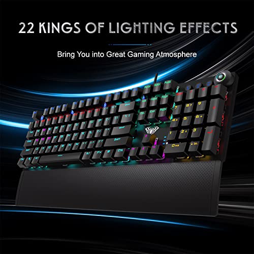 Aula True Mechanical Keyboard Wired Led Rainbow Backlit Gaming Keyboard With Clicky Blue Switches Detachable Wrist Rest, Full Size 108 Key Anti-Ghosting Computer Mechanical Keyboard - Black #TOP4
