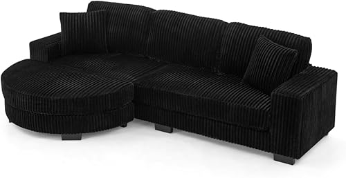 Miniatura 9 de Sofá cama modular en forma de L con almohadas, sofá modular convertible de pana con reposapiés curvado móvil, color negro