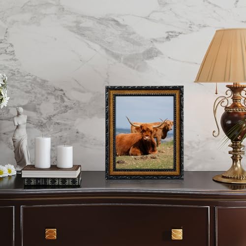 Image of Black 8x10 Picture Frame Wood Gold Frames Ornate | Real Glass, Matted 5x7 or 8 x 10 Photos, Easy Photo Changes, Tabletop or Wall Hanging