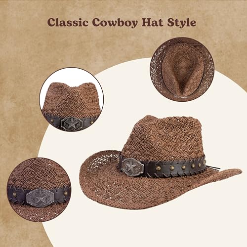 Image of Straw Cowboy Hats Cowgirl Hat Western Cowboy Hat Rancher Hat for Men Women, Exquisite Decoration Band