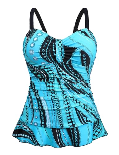 Hilor Women's 50's Retro Ruched Tankini Swimsuit Top with Ruffle Hem Bathing Suit Top Tummy Control Swim Tops