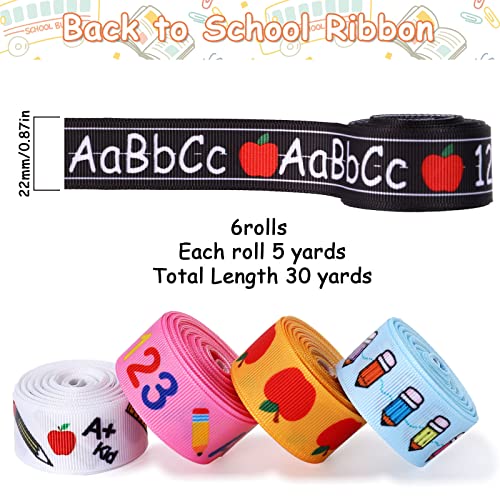 Image of Whaline 6 Rolls Back to School Grosgrain Ribbon 30 Yards School Teacher Themed Ribbon School Bus Pencil Apples ABC Pattern Fabric Decorative Craft Ribbon for Gift Wrapping Hair Sewing Wreath