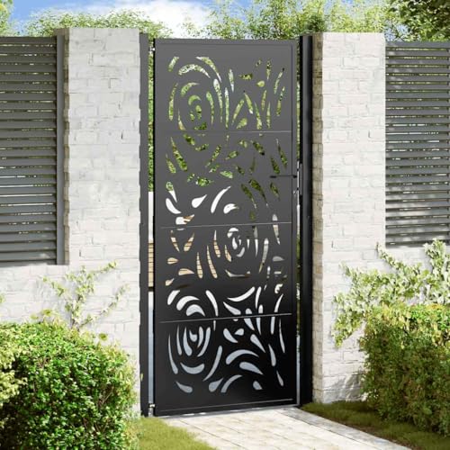 Puerta de jardín negra 100 x 200 cm de acero con diseño de llama, puerta de patio con cierre con rejilla, moderna puerta de jardín escandinavo para el jardín y entrada, fácil montaje