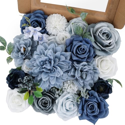 Erhalings Artificial Flowers Combo Dusty Blue Silk Fake Flower Box Set for Wedding Bridal Roses Bouquets Baby Shower Birthday Party Decorations DIY Floral Centerpieces