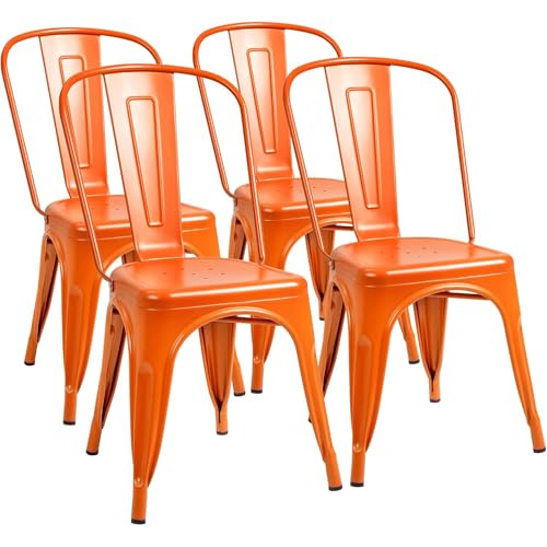 Image of Furmax Metal Dining Chair Indoor Outdoor Use Stackable Classic Trattoria Chair Chic Dining Bistro Cafe Side Metal Chairs Set of 4 (Orange)