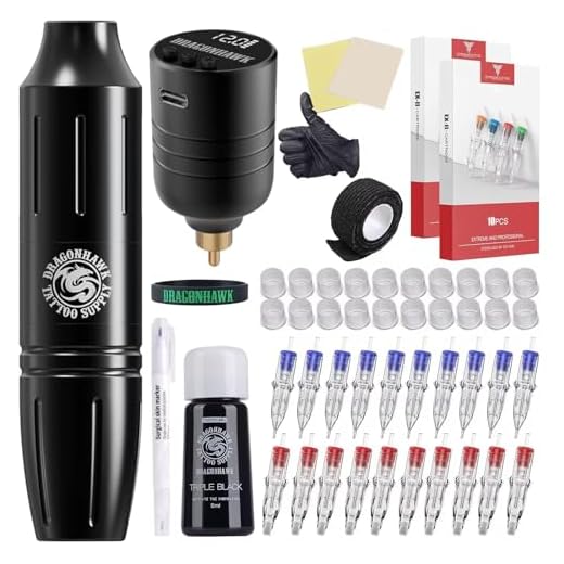 Dragonhawk Wireless Tattoo Gun Kit Tattoo Pen Machine Kit Battery Power Supply Tattoo Cartridges Needles Black Color Ink Set Complete Tattoo Kit for Beginners (Tattoo Kit -1)