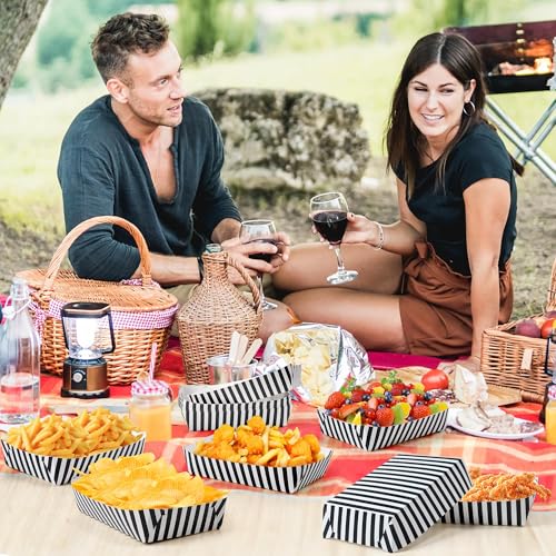AsodSway Black and White Food Trays - 50P Halloween Striped Unassembled Paper Trays Snack Candy Holder Disposable Paper Plates Food Containers Concession Stand Birthday Circus Carnival Party Supplies