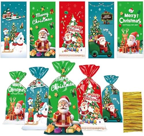 Mizoxy 100 PCS Christmas Cellophane Treat Bags with Twist Ties, Clear ...