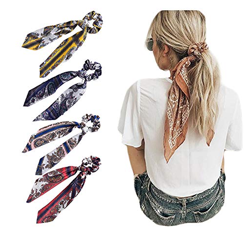 Beauty Wig World 4Pcs Floral Print Scarf Scrunchie Silk Satin Hair Scarves Elastic Hair Bands Bohemian Style Ponytail Holder Ties Vintage Hair Accessories for Women Girls (Style 6)