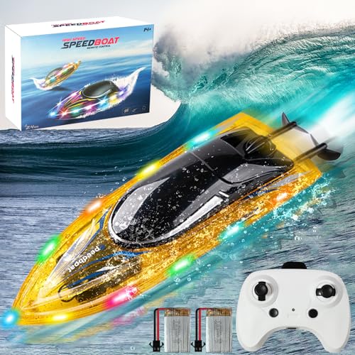 BUSYSIR Remote Control Boat Toys-2.4GHz 20KPH with 2 Rechargeable Batteries-3 LED Light Modes 200 Feet RC Distance Waterproof-Best Pool Lake Water RC Boat for Kids (Yellow)