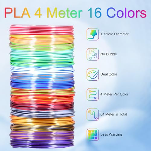 Image of MIKA3D 2 Dual Color in 1 Silk PLA Filament Refill Sample Pack, 16 Different Dual Color Silk PLA, Each 4 Meter Length, Total 64m Silk Shiny Dual Color PLA 3D Printer 3D Pen Filament