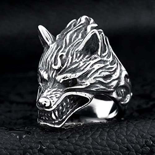 LIANXIAOXAO - Nhlzj Norse Viking Fierce Black Wolf Skull Cabeça Amuleto Anel de Banda, Homem Vintage