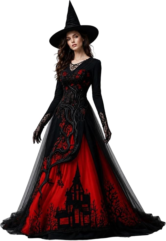 Gothic Dress Womens Halloween Costume Adult Medieval Lace and Chiffon Vampire Costume, Vintage Renaissance Medieval, Day Of the Dead Outfit, Party Dresses for Women