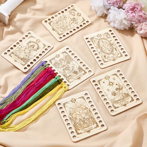Image of ORIGACH 6 Set Tarot Embroidery Thread Organizer Cards, Wooden Embroidery Floss Storage Holders with 18 Positions Needlework Thread Holder for DIY Sewing Storage Thread, 12x9 cm