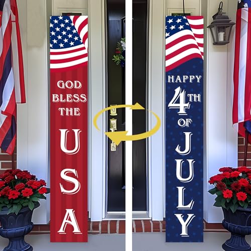 flangairy Two Sided Memorial Day 4th of July Porch Sign, 47.2" Wooden Patriotic Independence Day God Bless The USA Front Door Decor, Long Vertical Americana Decorations for Home Entryway Outdoor Yard