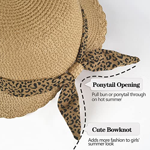 Girls Straw Sun Hat Kids Summer Beach Uv Protection Hats Toddler Baby Childrens Little Girl Ages 3 4 5 6 7 8 9 10 Years Khaki Leopard Wide Brim Foldable Sunhat With Chin Strap Cute Bow Ponytail Cap #TOP1