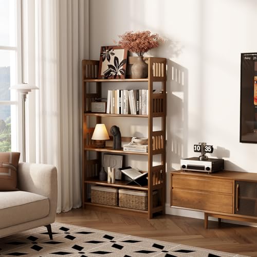 Image of AnywaysWood 5-Tier Solid Wood Open Bookcase,Modern Display Bookshelf,Farmhouse Wide Etagere Bookcase, Freestanding Storage Cabinet for Study Room Office Living Room Flower Rack