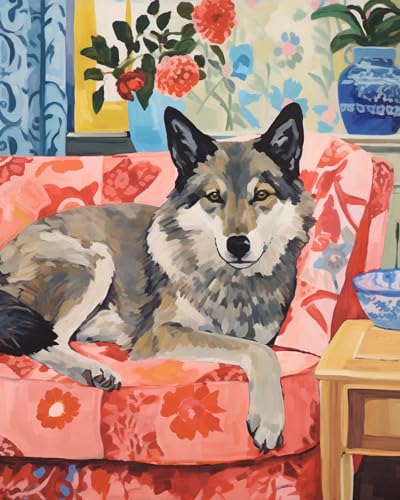 Kit peinture numéro loup sur canapé retro 40x50cm sans cadre pour débutant