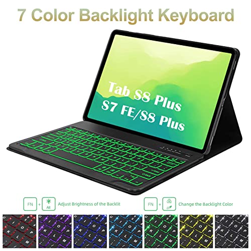 Samsung Galaxy Tab S8+ /S7 Fe Case With Keyboard 12.4 Inch, Detachable Wireless Bluetooth Backlit Keyboard & Slim Smart Cover With S Pen Holder For Galaxy Tab S8+ 2022/S7 Fe 2021/S7 Plus 2020, Black #TOP4