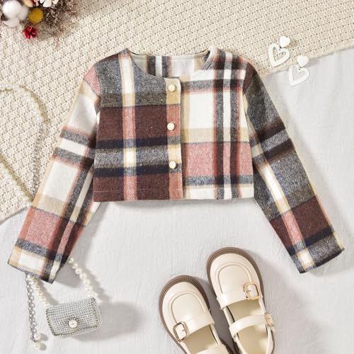 Image of HINTINA Toddler Girl 4 Pieces Outfits Ruffles Long Sleeve Tops Plaid Skirt Jacket And Hat Fall Winter Clothes Set