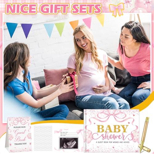 Image of Fuyoooo 27 Pcs Bow Baby Shower Guest Book Baby Shower Sign in Guest Book Reception with Sonogram Page Keepsake Includes Gold Pen Table Card and Adhesive Photo Corner for Birthday