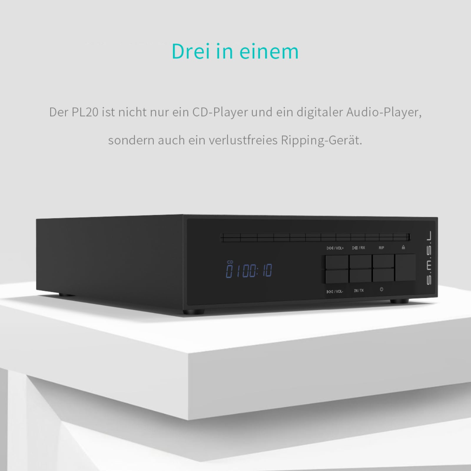 SMSL PL20 HiFi CD-Spieler für Zuhause, CD-Ripper, Bluetooth-Autoradio-CD-Player, 2×CS43131-Chip, USB-Stick/Bluetooth-Eingang, RCA/BT/3,5mm/4,4mm Symmetrisch/Optisch/Koaxial Digitaler Ausgang (Schwarz)