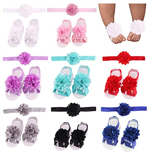 8 Pairs Satin Flower Headbands & Barefoot Sandals for Baby Girl Infants Toddlers (8 Pairs S1)
