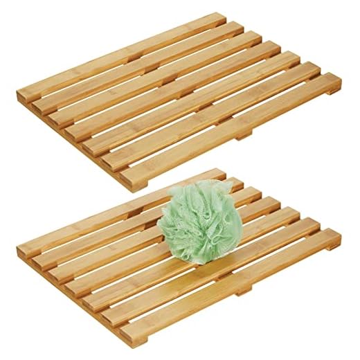 mDesign tapis en bambou antidérapant pour intérieur ou extérieur (lot de 2) – tapis salle de bain rectangulaire – accessoire salle de bain écoresponsable et moderne pour douche ou baignoire – marron