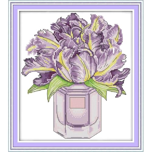 Image of Stamped Cross Stitch Kits Full Range of DIY Needlepoint for Adult Beginners Pattern, for Gift and Home Decor 14CT 2 Strands Iris vase,10.2x11.4 inch