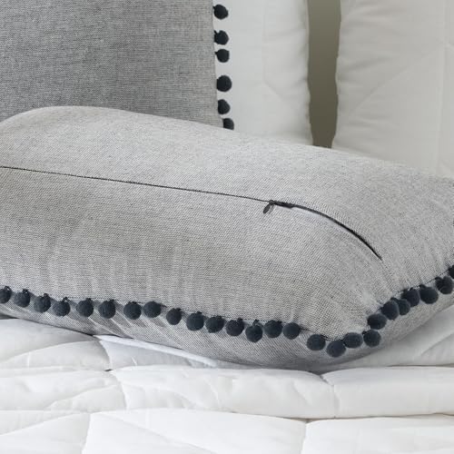 Image of 100% Cotton Pom Pom Cushion with Filler, Elegant & Modern Cushion Cover for Living Room, Rectangle, 12 inchx20 inch, uni Chambray, Set of 4 - Charcoal Grey