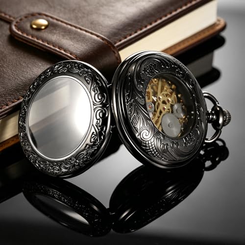 Image of TREEWETO Mechanical Pocket Watch Magnifier Case Steampunk Skeleton Roman Numerals Dial for Men Women