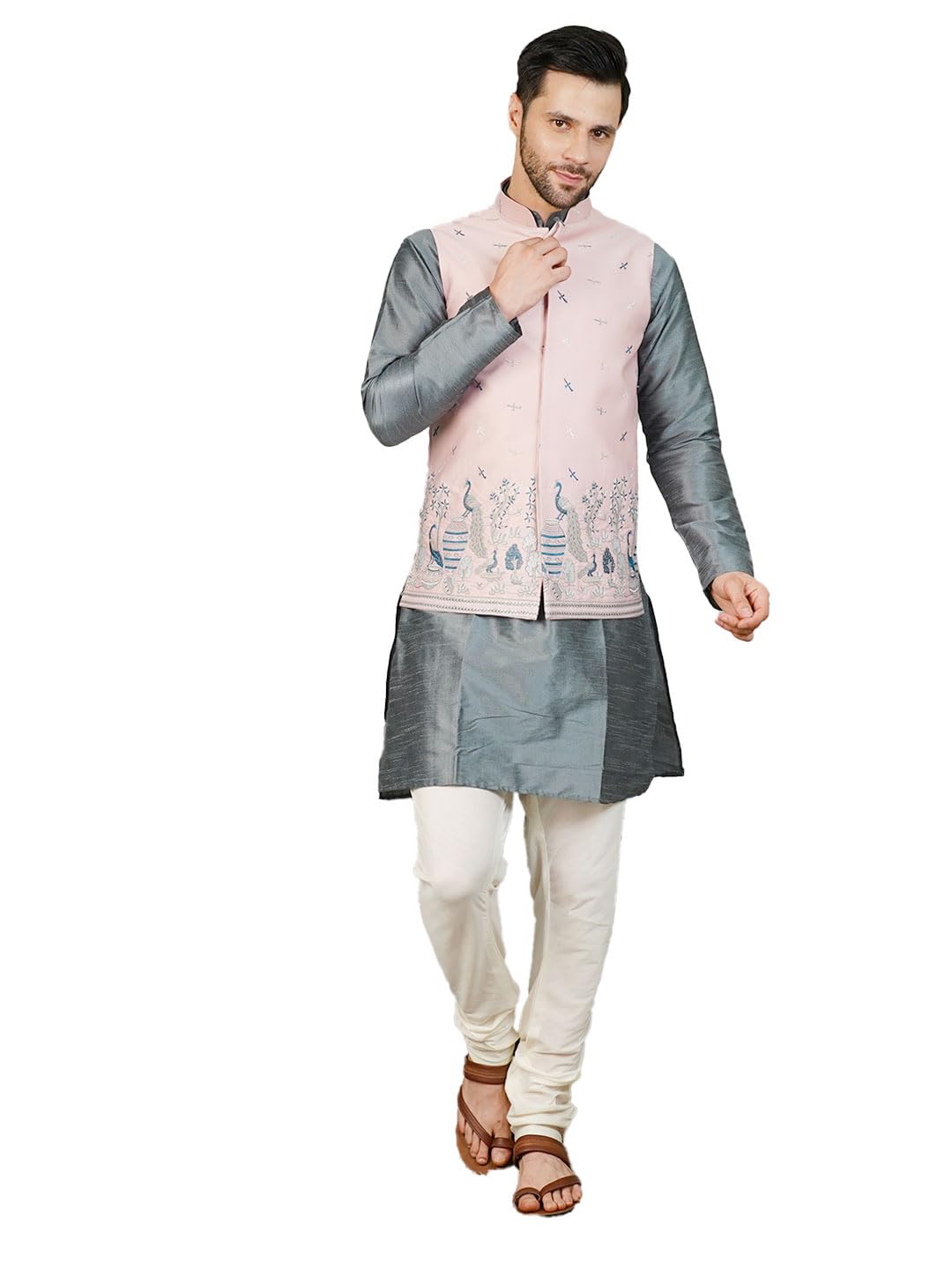 wintage Men's Rayon Emrbroidery Pink Waistcoat-picture-14