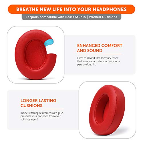Image of WC Wicked Cushions Replacement Ear Pads for Beats Studio 2 & 3 (B0501, B0500) Wired & Wireless | Does NOT Fit Beats Solo | Softer PU Leather, Enhanced Foam & Stronger Adhesive | Red
