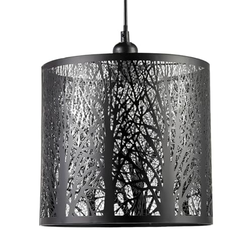 Unique and Beautiful Matte Black Metal Forest Design Pendant Shade | Light Escapes Through The Gaps and Casts The Forest Against The Walls and Ceiling by Happy Homewares