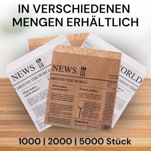 Snacktaschen/Hamburgertaschen Snackbeutel Newspaper aus Kraftpapier Hamburger-Tüten, 2-seitig offen (braun, 1000)