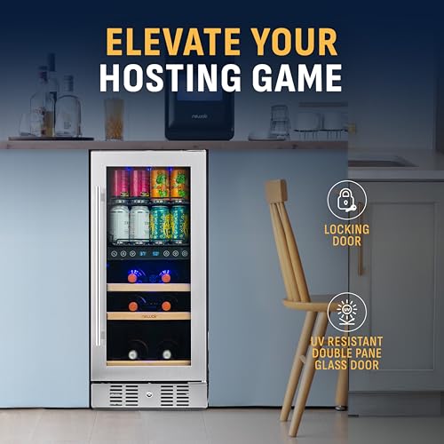 Image of NewAir 15 inch Dual Zone Beverage Refrigerator & Wine Cooler for 9 Bottles & 48 Cans | Freestanding or Built-In Under Counter Mini Fridge for Beer, Wine and Soda | Stainless Steel